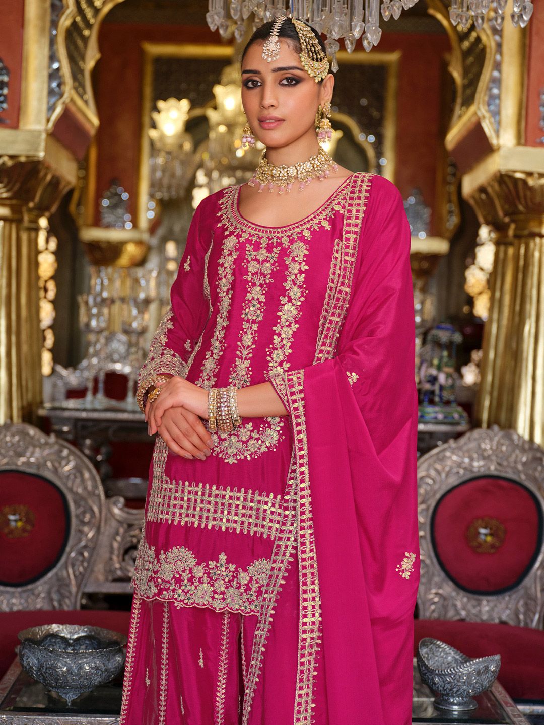 Adults-Women Woven Design Embroidered Kurta with Palazzos & Dupatta