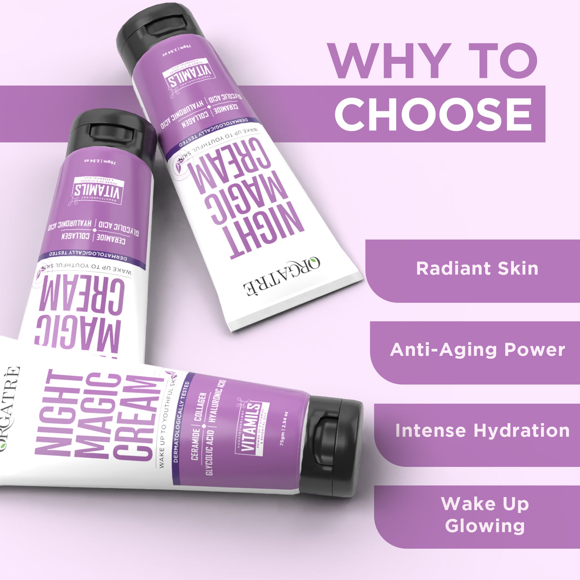 Orgatre Reduces Wrinkles & Fine Lines, Anti-Aging Night Cream with Ceramide, Collagen