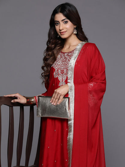 Indyancart VA Women'sPaisley Embroidered Zari Kurta with Trousers & Dupatta