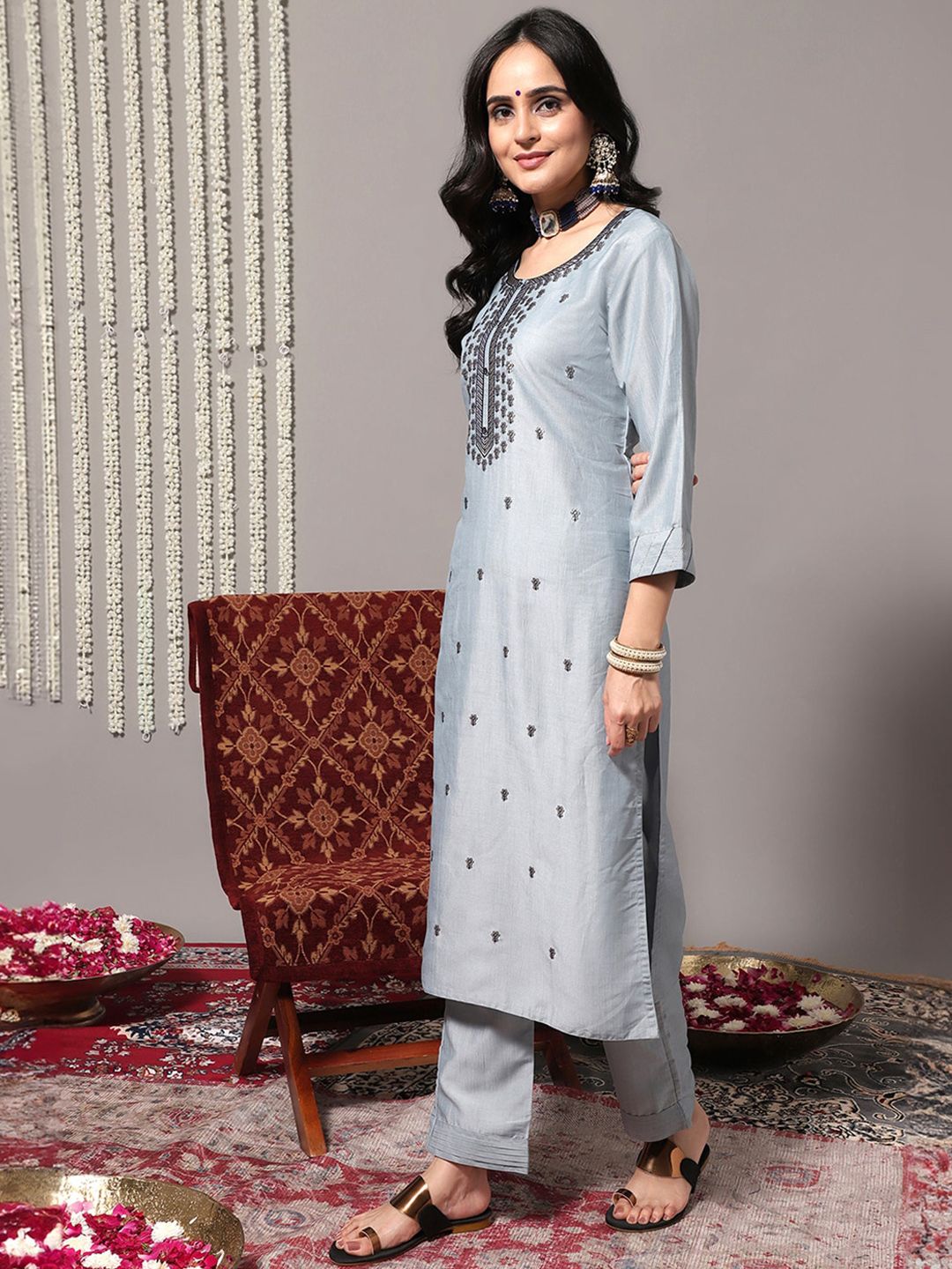 Indyancart VA Women'sBlue Ethnic Motifs Embroidered Kurta With Trousers & Dupatta