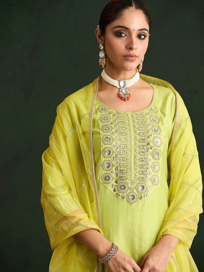 Indyancart IE Embroidered Liva Straight Kurta With Trousers & Dupatta