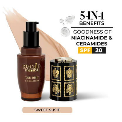 LoveChild Masaba LoveChild Masaba One Take 5-In-1 BB Cream SPF 20 PA++ in Sweet Susie, showing the cream tube with product label