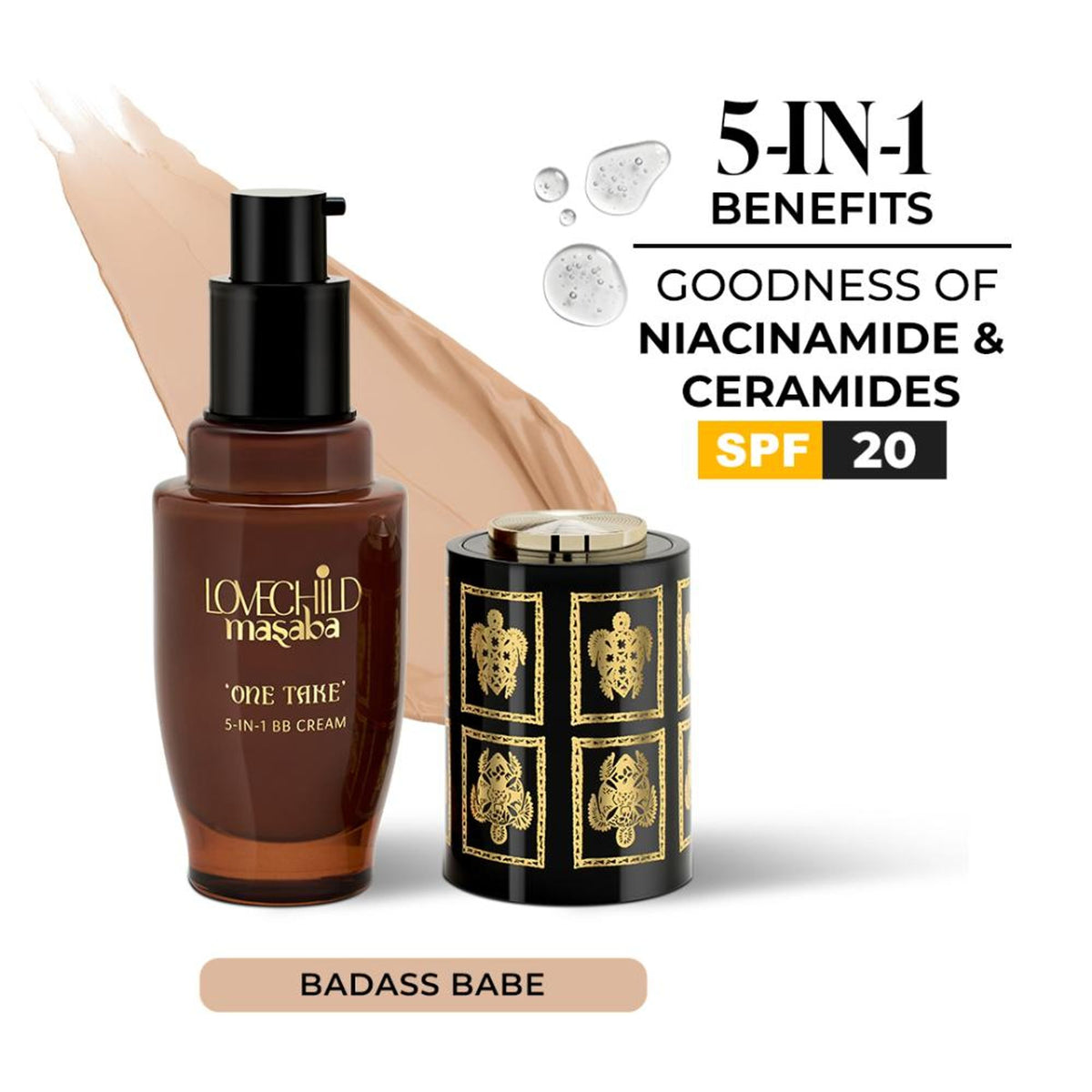 LoveChild Masaba LoveChild Masaba One Take 5-In-1 BB Cream SPF 20 PA++ in Badass Babe shade, showing a tube with product branding and packaging.