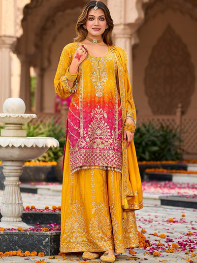 Dhiyona IE Floral Embroidered Zari Straight Kurta With Palazzos And Dupatta