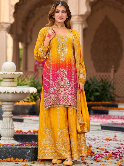Indyancart IE Floral Embroidered Zari Straight Kurta With Palazzos And Dupatta