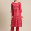 Dhiyona VA Women's Red & Gold-Toned Floral Embroidered Mirror Work Pleated Kurta With Trousers