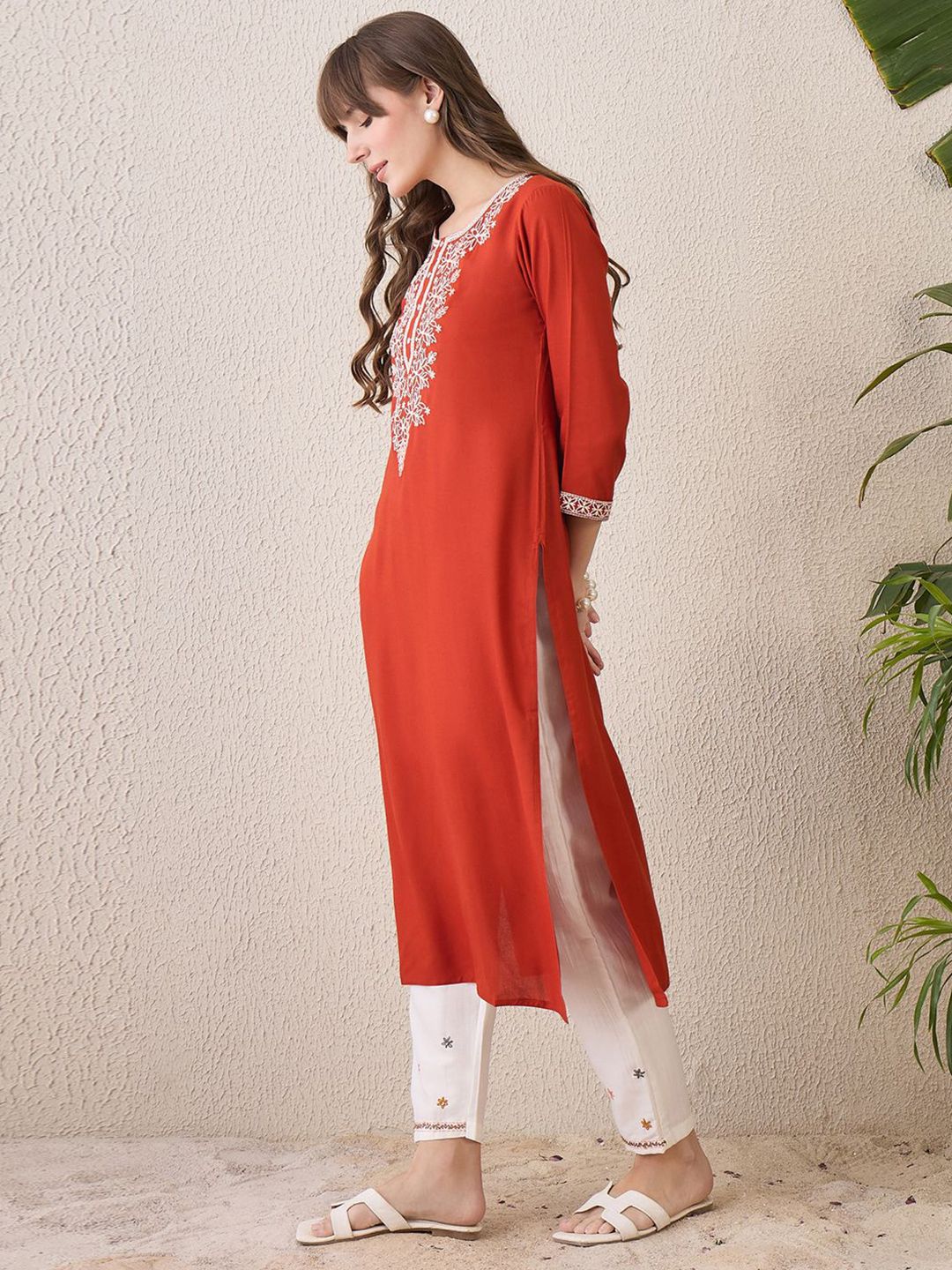 Indyancart IE Floral Yoke Design Thread Work Cotton Straight Kurta