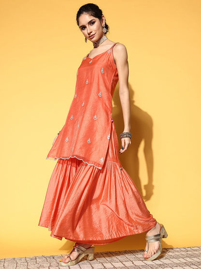 Indyancart VA Women Ethnic Motifs Organza Spaghetti Straps Kurta Set