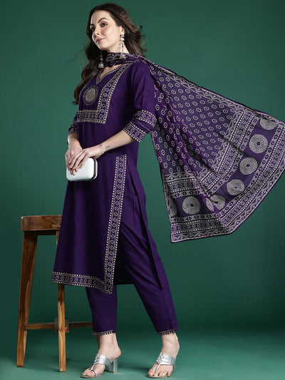 Indyancart IE Bandhani Printed Mirror Work Pure Cotton Kurta with Trousers & With Dupatta