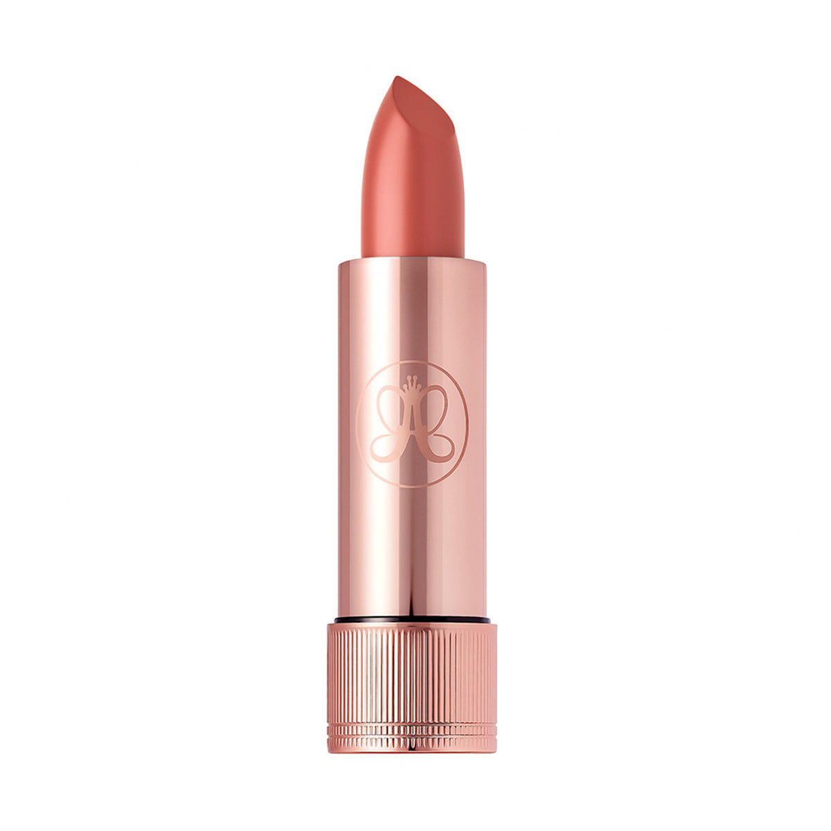 Anastasia Beverly Hills Satin Lipstick in Peach Amber, showing a smooth, peach-toned satin finish lipstick in its packaging.