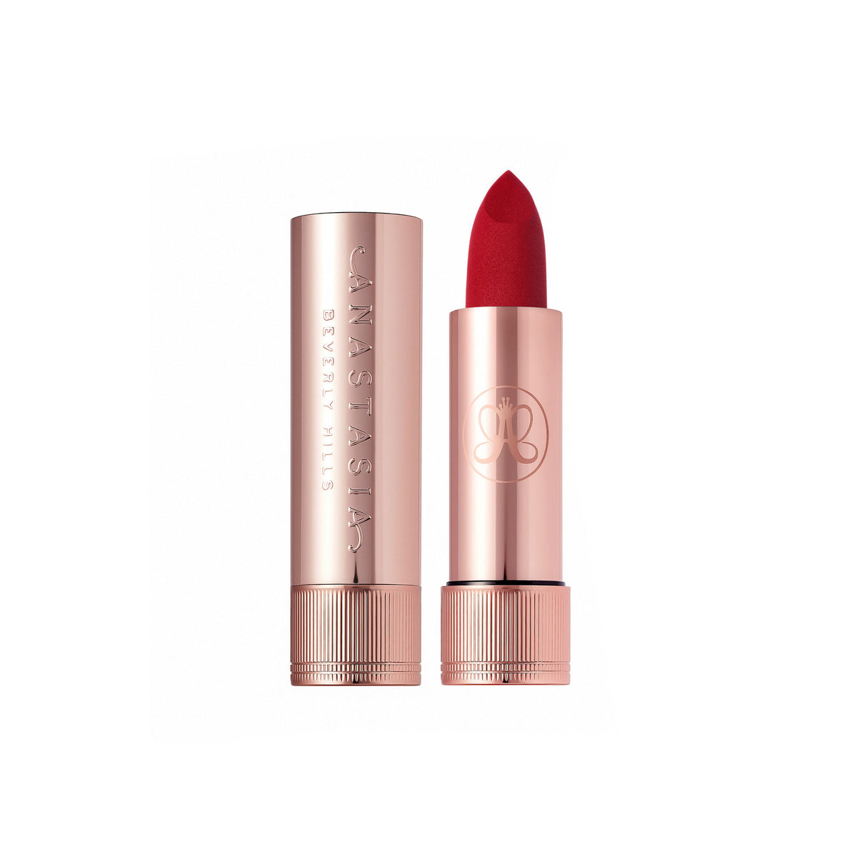 Anastasia Beverly Hills Matte Lipstick in Royal Red, showcasing the deep red lipstick with matte finish in a sleek tube.