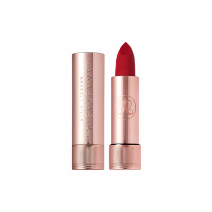 Anastasia Beverly Hills Matte Lipstick in Royal Red, showcasing the deep red lipstick with matte finish in a sleek tube.