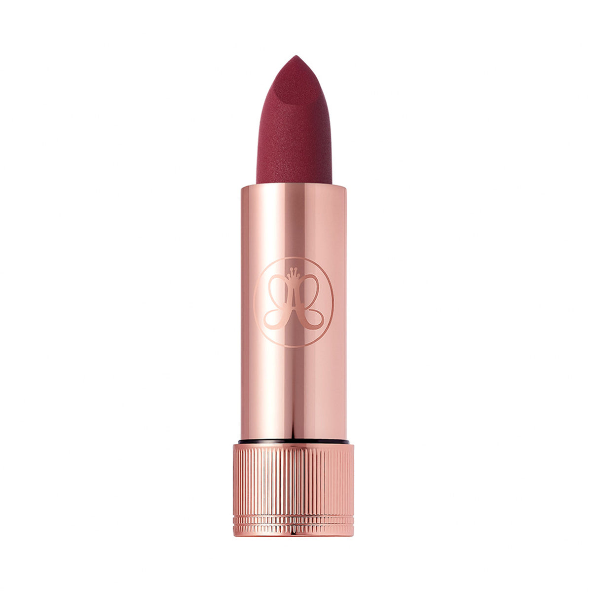 Anastasia Beverly Hills Matte Lipstick in Blackberry shade, showing the lipstick tube and swatched on a model's lips.
