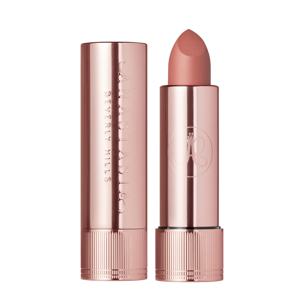 Anastasia Beverly Hills matte lipstick in blush brown shade, showcasing the sleek tube and rich, velvety finish.