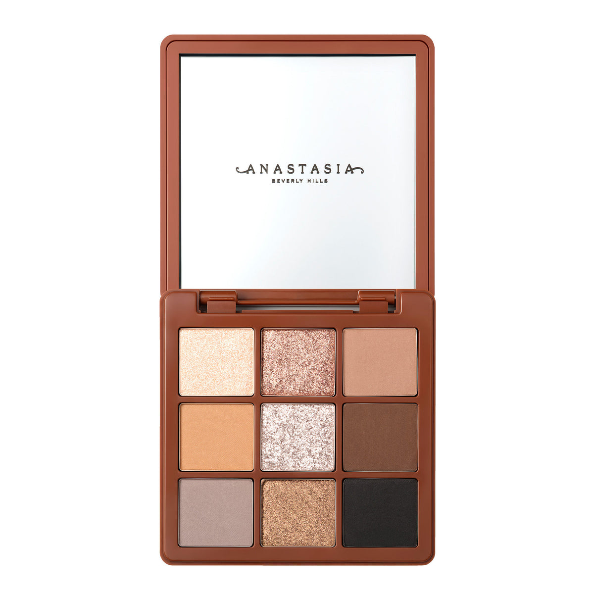 Mini Anastasia Beverly Hills Sultry Palette featuring warm-toned eyeshadows with shades of brown, gold, and smoky hues.