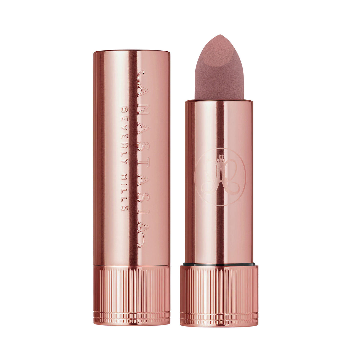 Anastasia Beverly Hills Matte Lipstick in Soft Haze, showcasing the sleek tube and soft nude shade of the lipstick.
