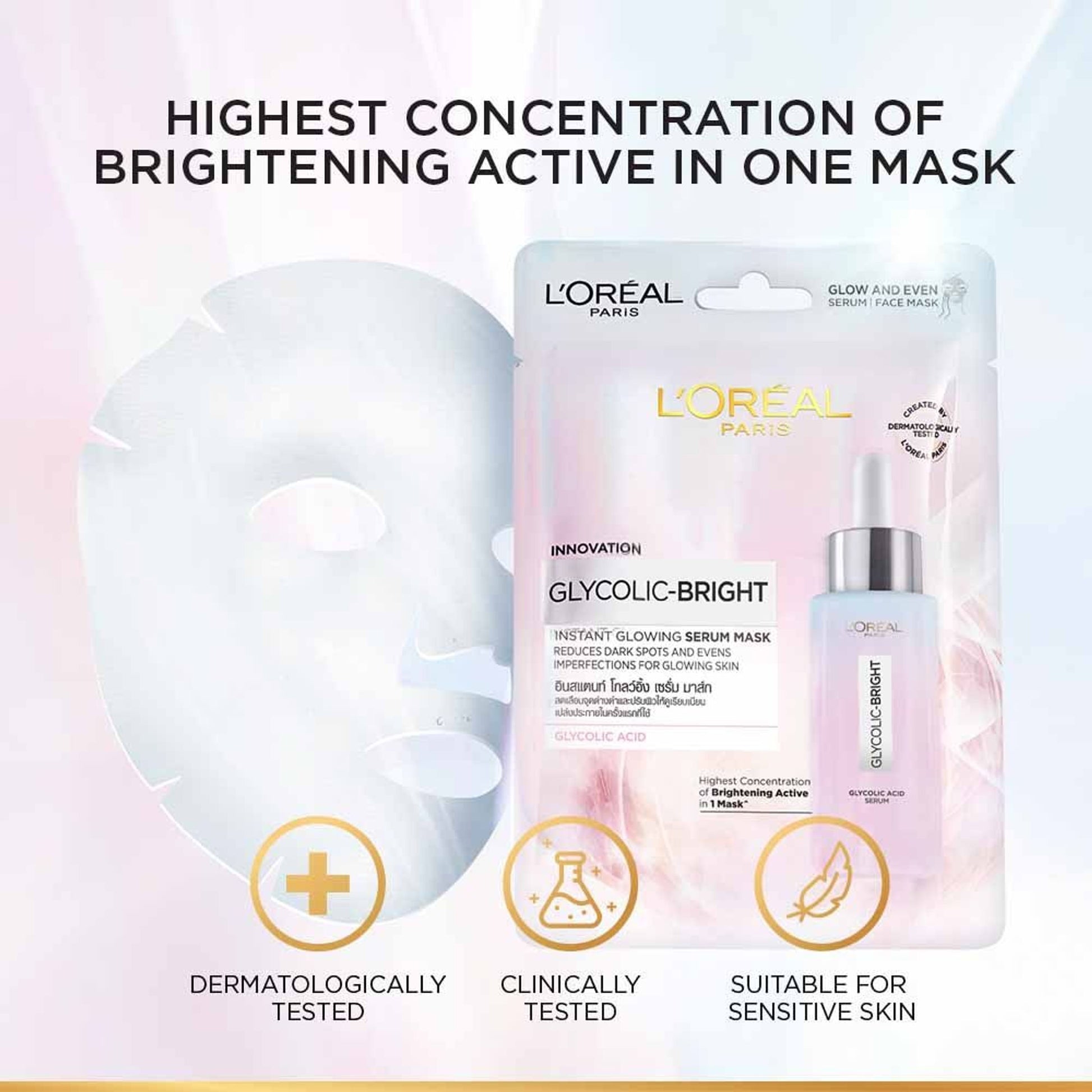 L'Oreal Paris Glycolic Bright Glowing Serum Sheet Mask, Face Mask for Glowing Skin