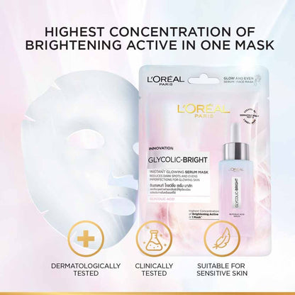 L'Oreal Paris Glycolic Bright Glowing Serum Sheet Mask, Face Mask for Glowing Skin