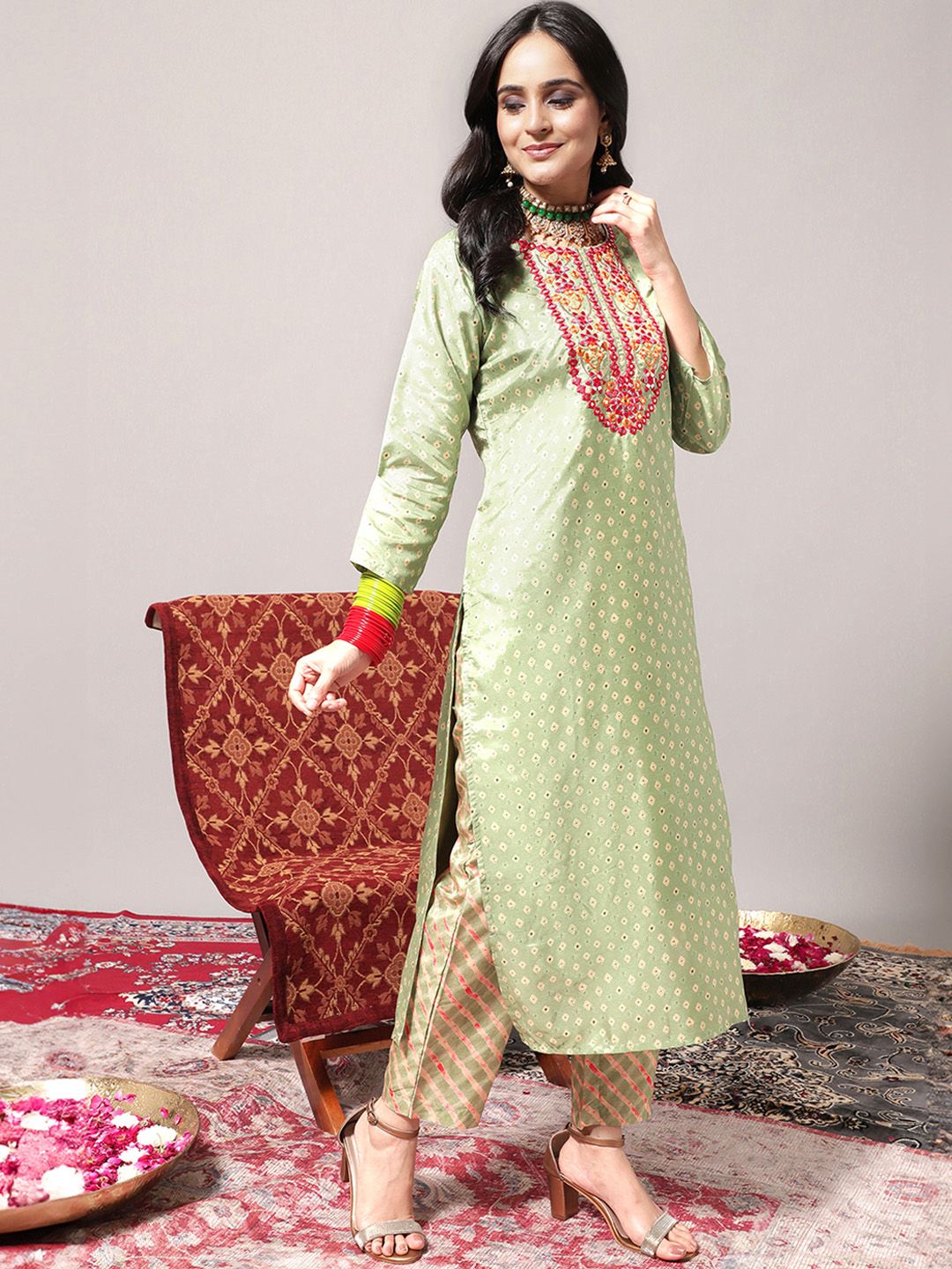 Indyancart VA Women's Green Leheriya Embroidered Mirror Work Kurta with Trousers & With Dupatta