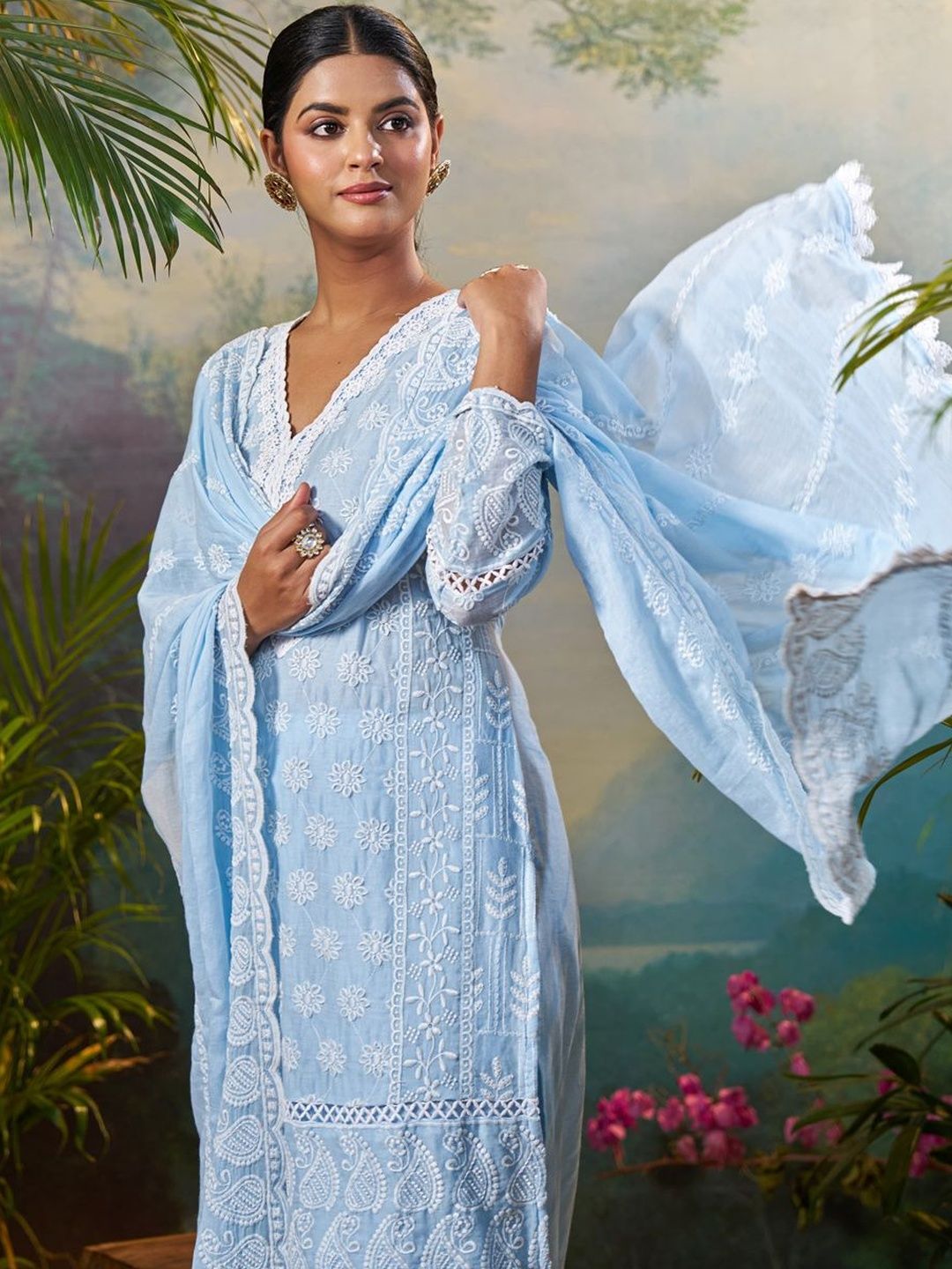 Women Ethnic Motifs Embroidered Regular Chikankari Pure Cotton Kurta with Trousers & With Dupatta
