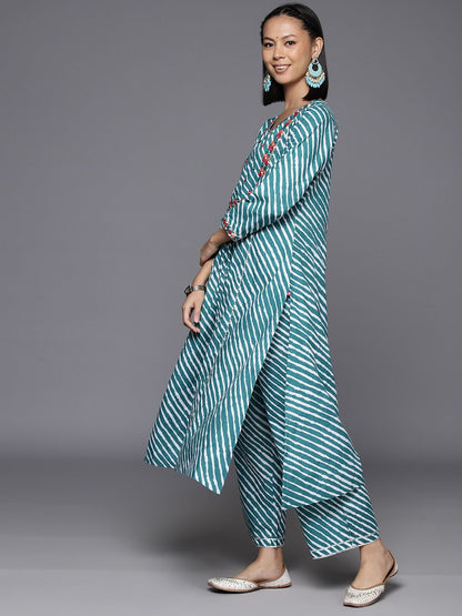 Indyancart VA Women's Leheriya Striped Regular Mirror Work Cotton Kurta With Trousers & Dupatta