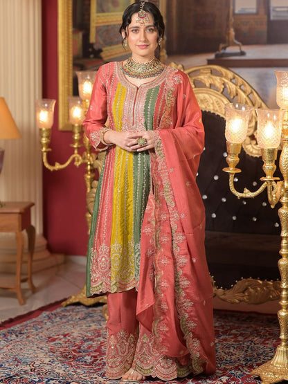 Indyancart IE Ethnic Motifs Embroidered Panelled Sequinned A-Line Kurta With Palazzos & Dupatta