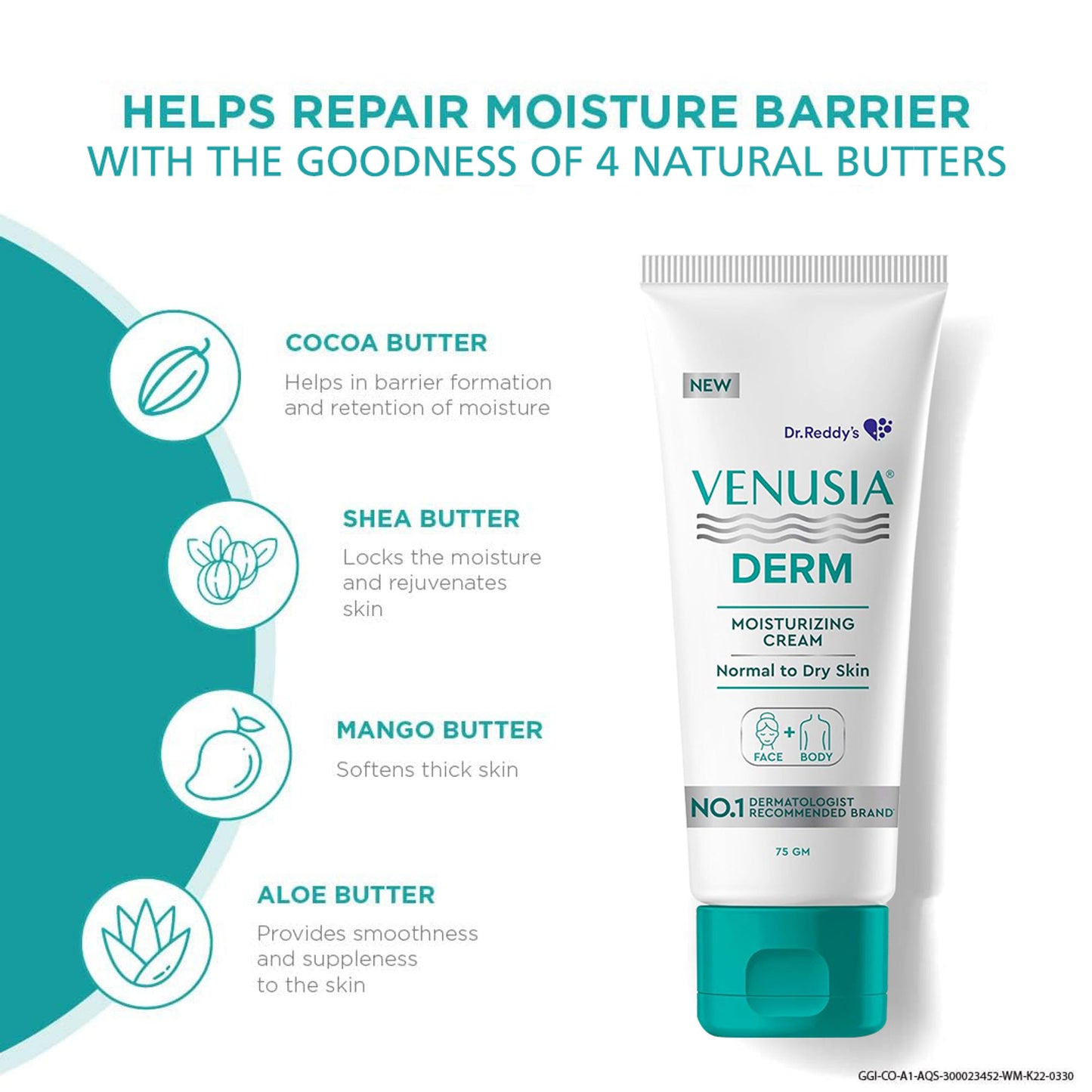 Venusia Derm Moisturizing Lotion | 24-hour Intense Hydration| |Hypoallergenic | 75g