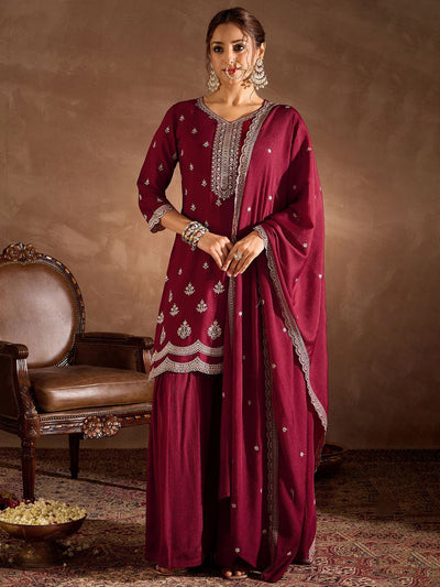 Indyancart IE Ethnic Motifs Embroidered Sequinned Straight Kurta With Sharara And Dupatta
