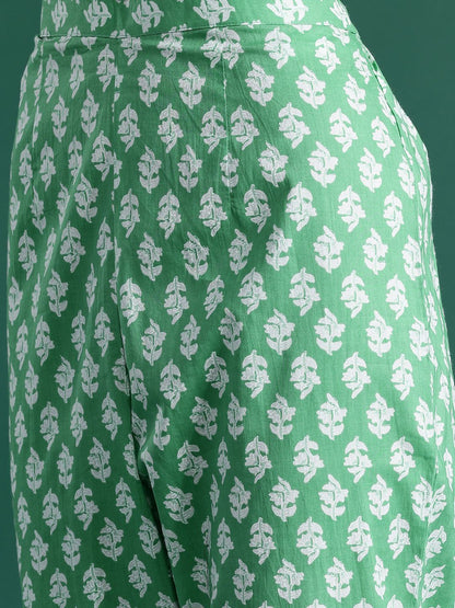 Indyancart IE Floral Printed Empire Mirror Work Pure Cotton Kurta with Trousers & Dupatta