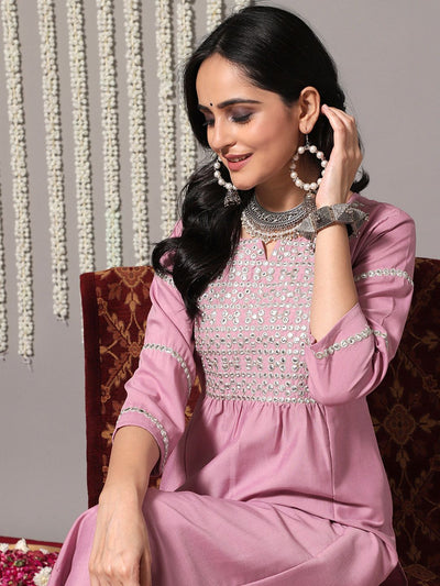 Indyancart VA Women's Pink & Silver-Toned Yoke Design Kurta with Palazzos & Dupatta