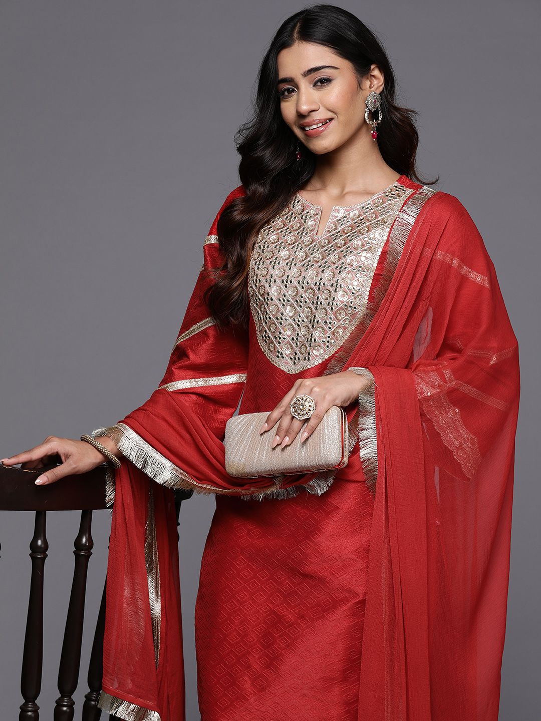 Indyancart VA Women'sRegular Sequinned Kurta with Trousers & Dupatta