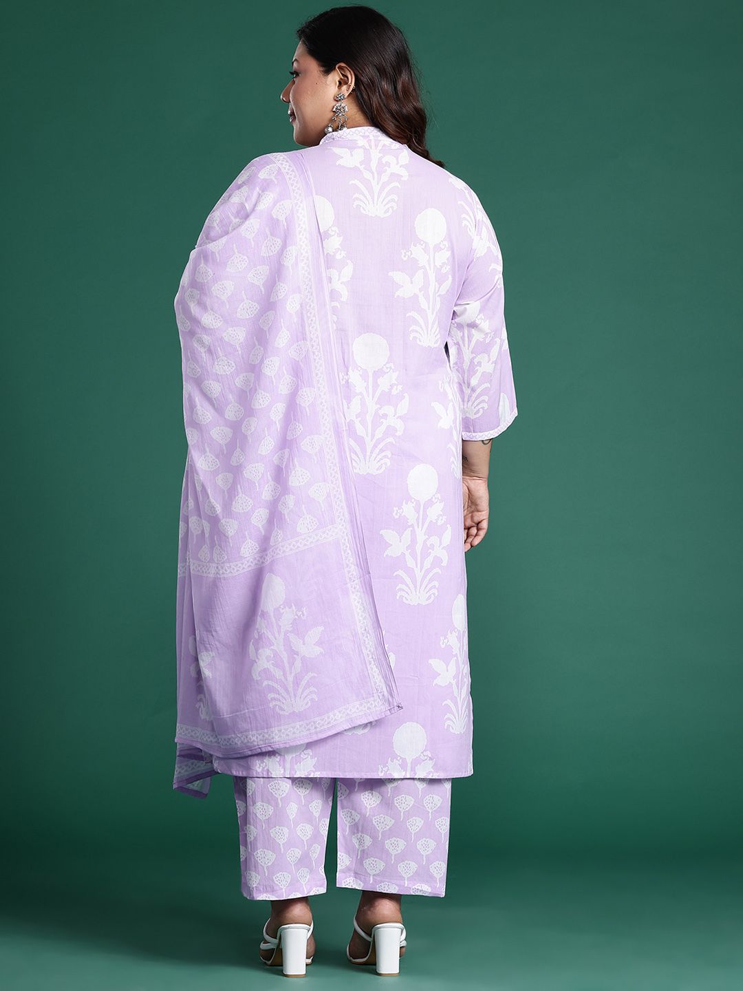 Indyancart Women's Plus Size Floral Printed Sequinned Pure Cotton Kurta with Trousers & With Dupatta