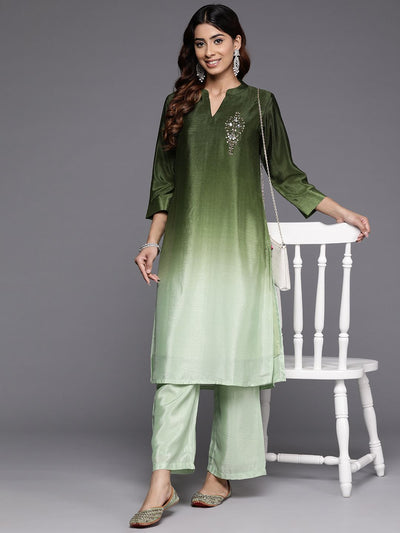 Indyancart VA Women'sDyed Mandarin Collar Sequinned & Beaded Kurta With Trouser