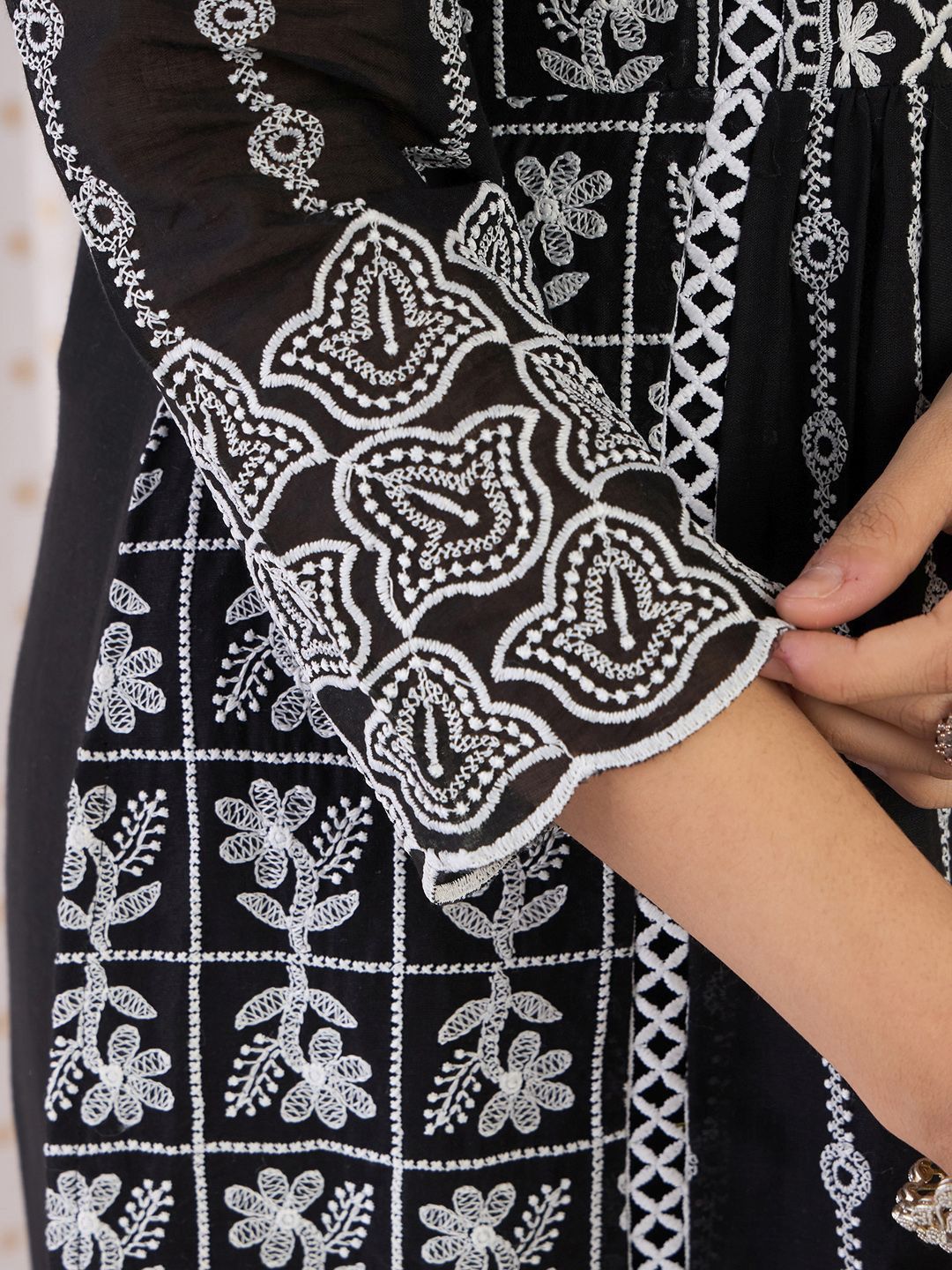 Floral Embroidered Notch Neck Pure Cotton A-Line Kurta With Trousers & Dupatta