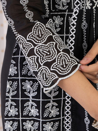 Floral Embroidered Notch Neck Pure Cotton A-Line Kurta With Trousers & Dupatta