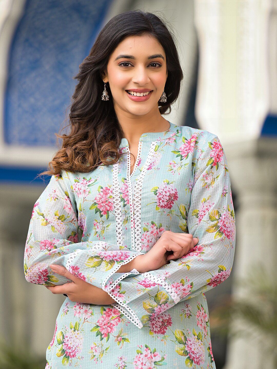 Indyancart VA Women'sFloral Printed Long sleeves Calf Length Straight Kurta With Trouser