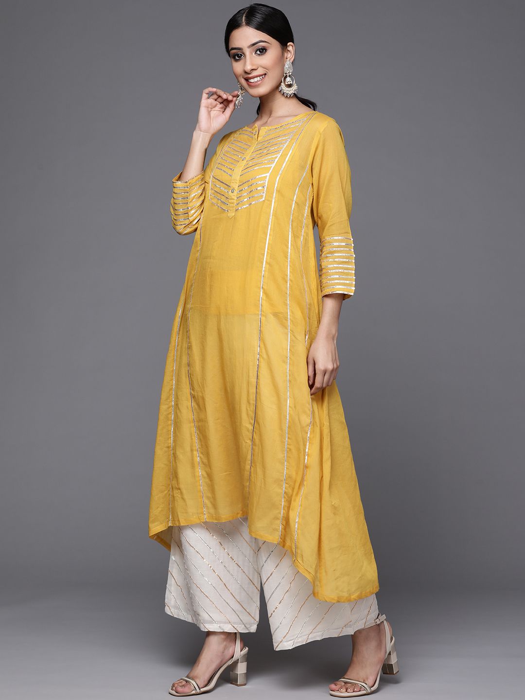 Indyancart VA Women's Mustard Yellow & Yellow Gotta Patti Cotton Kurta with Palazzos & Dupatta