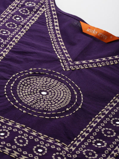 Indyancart IE Bandhani Printed Mirror Work Pure Cotton Kurta with Trousers & With Dupatta