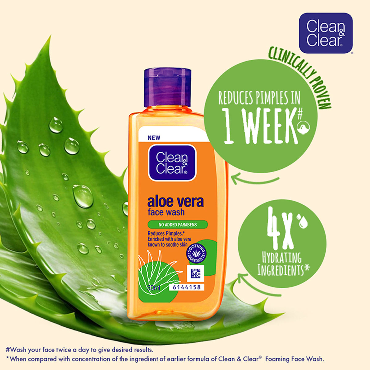 Clean & Clear Aloe Vera Face Wash bottle showing the gentle hydrating cleanser for oily skin and acne reduction.
