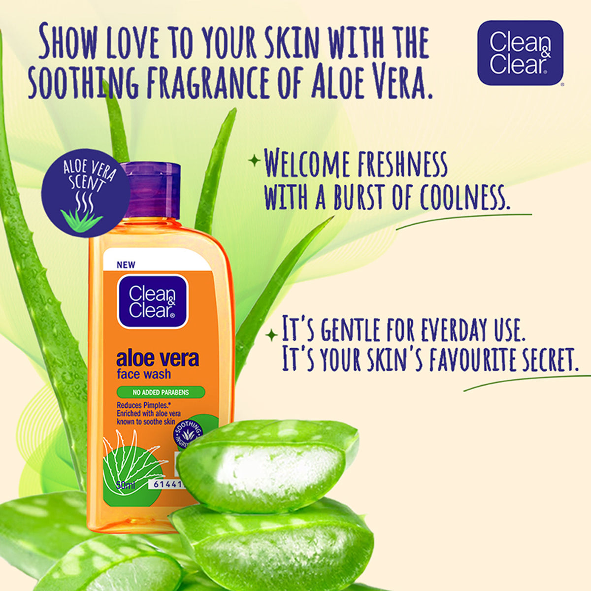 Clean & Clear Aloe Vera Face Wash bottle, gentle hydrating cleanser for oily skin, designed to reduce acne in 7 days