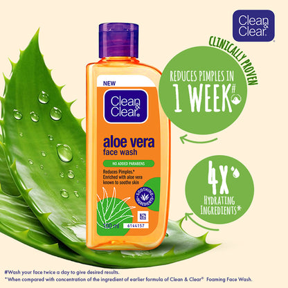 Clean & Clear Aloe Vera Face Wash in a pump bottle, gentle hydrating cleanser for oily skin and acne reduction.