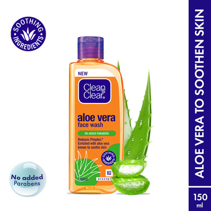 Clean & Clear Aloe Vera Face Wash bottle showing the gentle hydrating cleanser for oily skin and acne reduction in 7 days