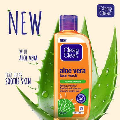 Clean & Clear Aloe Vera Face Wash, gentle hydrating cleanser for oily skin and acne reduction, shown in a clear bottle with aloe vera.