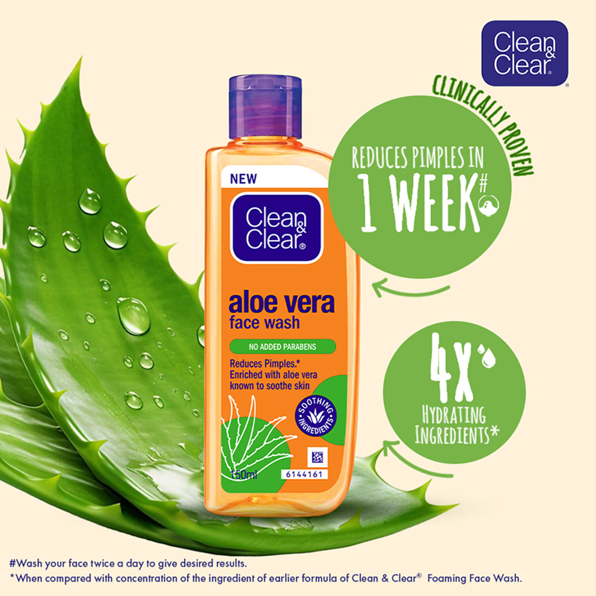 Clean & Clear Aloe Vera Face Wash bottle showing gentle hydrating cleanser for oily skin and acne reduction in 7 days