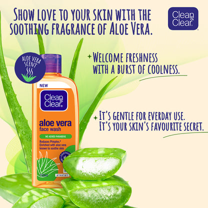 Clean & Clear Aloe Vera Face Wash bottle with pump, showing gentle hydrating cleanser for oily skin and acne reduction.