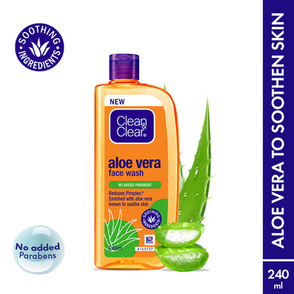 Clean & Clear Aloe Vera Face Wash in a pump bottle, gentle hydrating cleanser for oily skin and acne reduction, visible aloe vera extract.