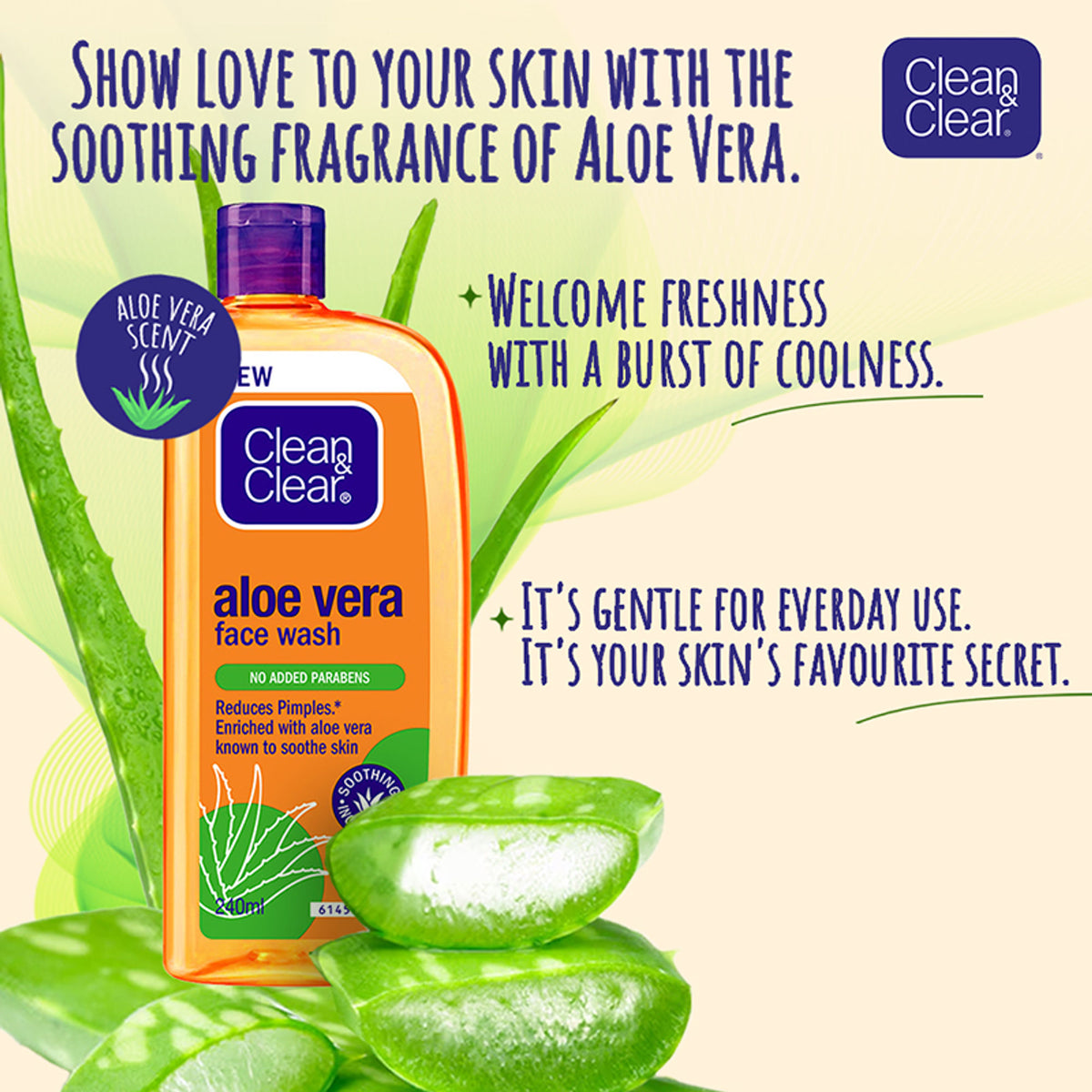 Clean & Clear Aloe Vera Face Wash in a tube, gentle hydrating cleanser for oily skin that reduces acne in 7 days