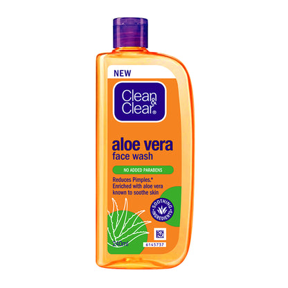 Clean & Clear Aloe Vera Face Wash bottle with label, gentle hydrating cleanser for oily skin and acne reduction.