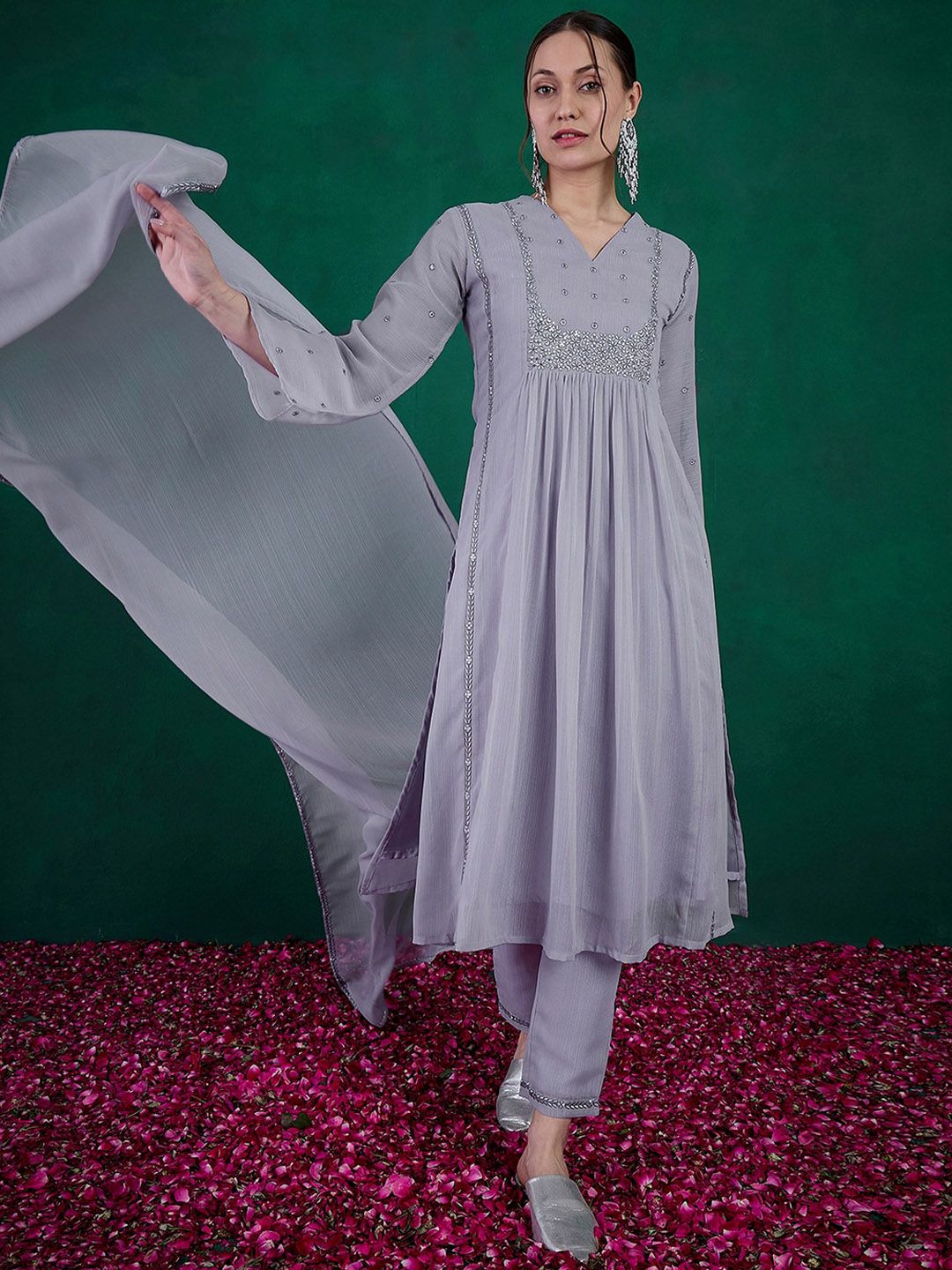 Indyancart SN Women's Floral Embroidered A-Line Kurta With Trouser & Dupatta