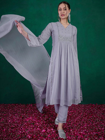 Indyancart SN Women's Floral Embroidered A-Line Kurta With Trouser & Dupatta